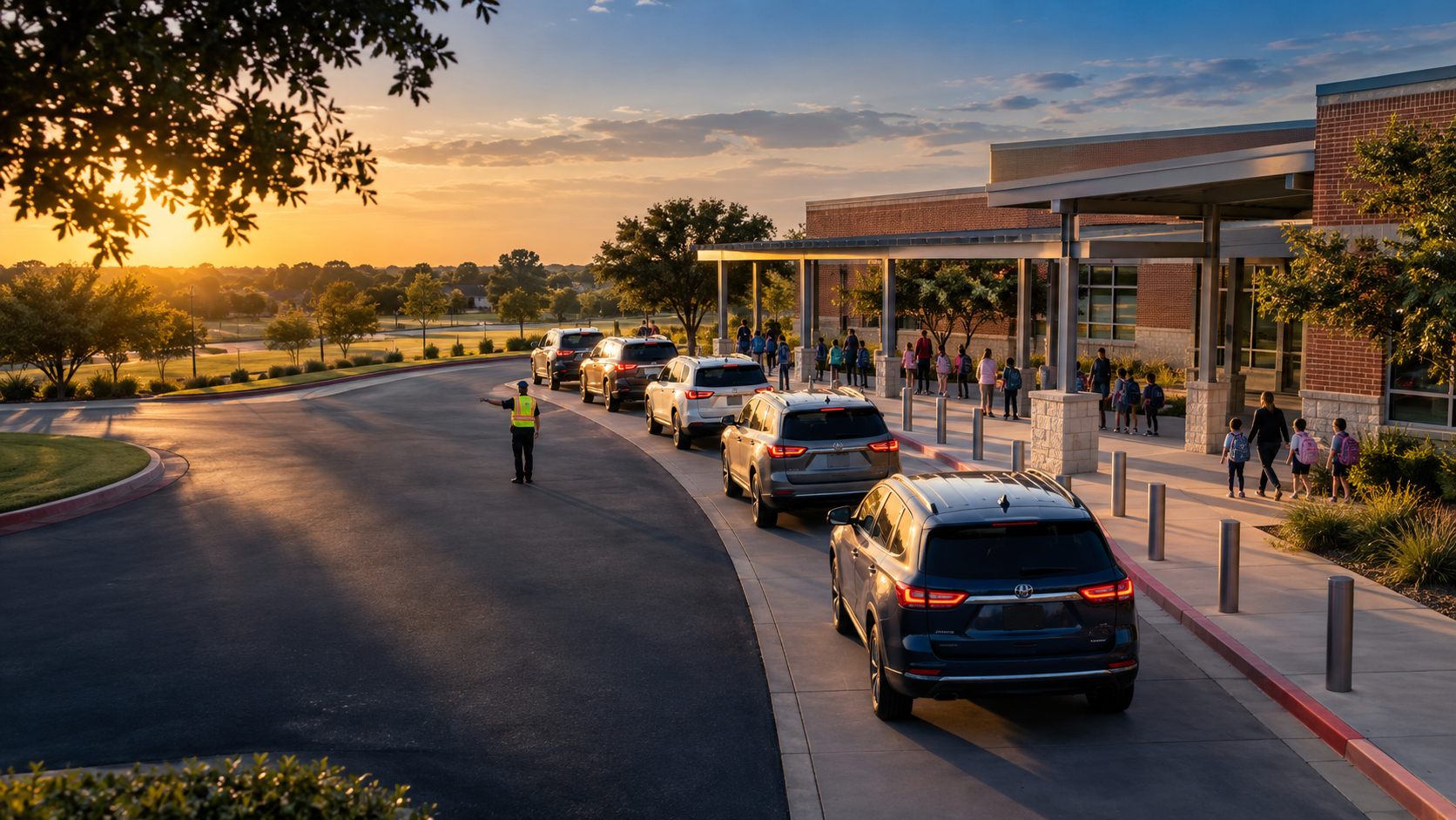 An orderly elementary school car pickup line at the end of the school day